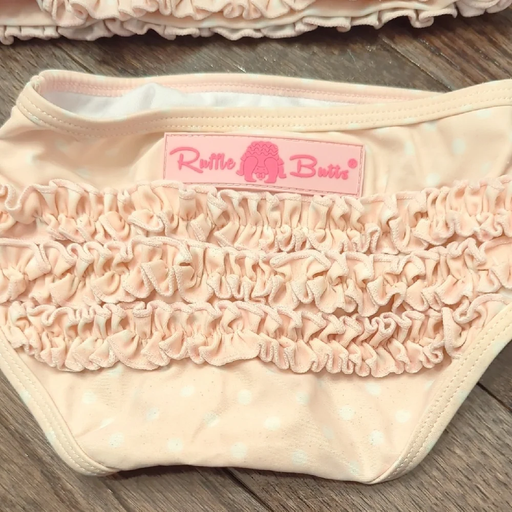 GUC Ruffle Butts Peachy-Pinkish Polka Dot Rash Guard & Swim Bottoms